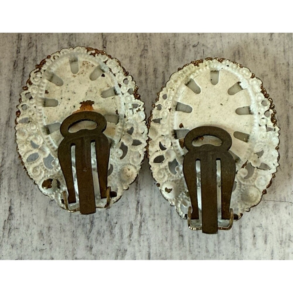 Germany Floral Enamel Hand-Painted Brooch, Clip on Earrings Set Rhinestone Vtg - Picture 14 of 15